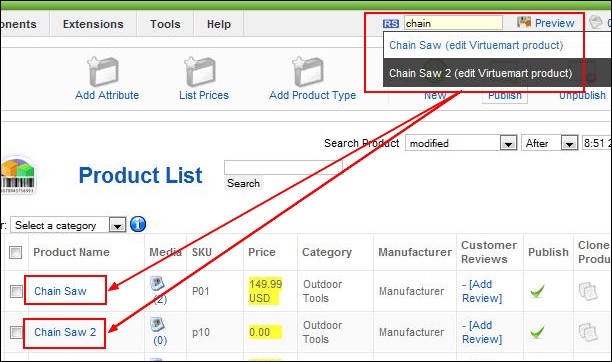 Search Virtuemart items in the backend Joomla! panel